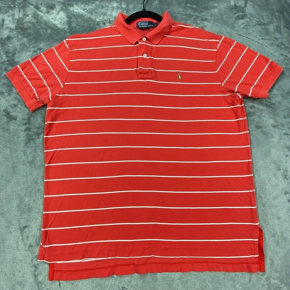 Vintage Polo Ralph Lauren Shirt‎ Men L Red Striped Classic Fit Golf All Cotton